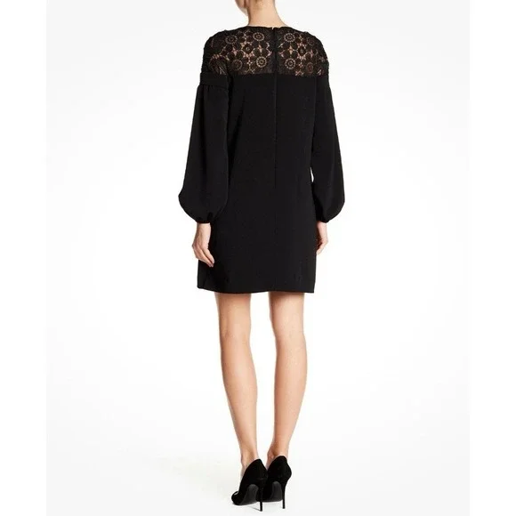 MONIQUE LHUILLIER Shift Mini Dress Size 8 Floral Lace Panel Black Long  Sleeve
